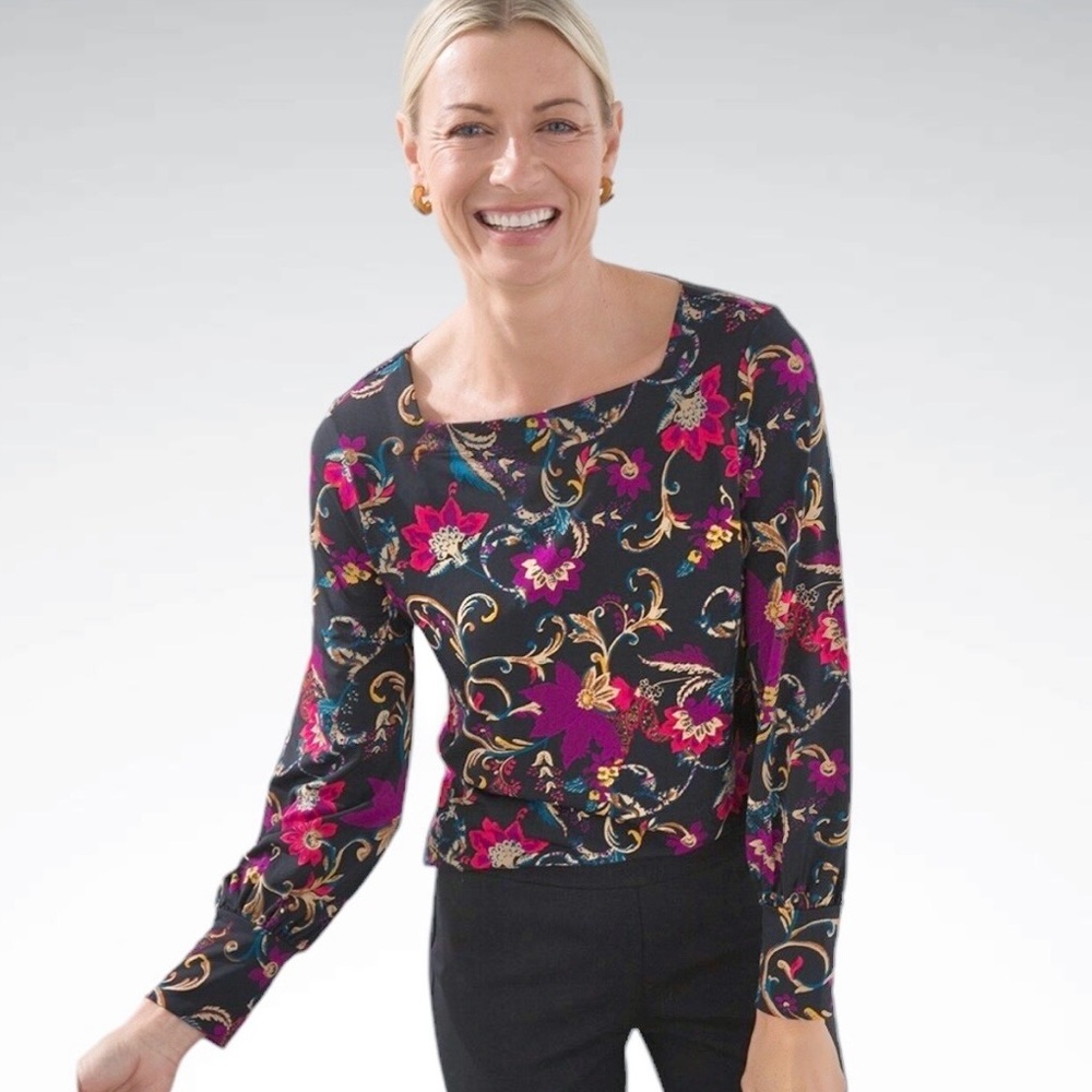 Chico’s Floral Paisley Square Neck Top Long Sleeves